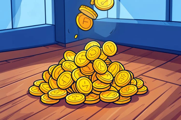 Pilha de moedas de ouro caindo no chão.