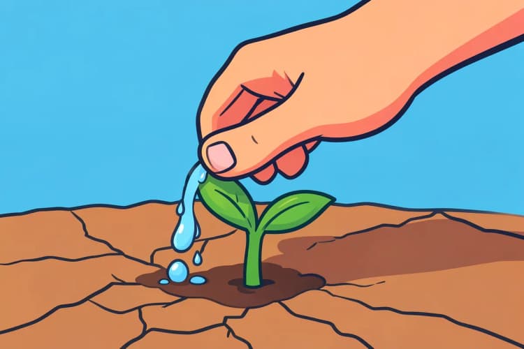Mão regando uma pequena planta que cresce em solo seco.