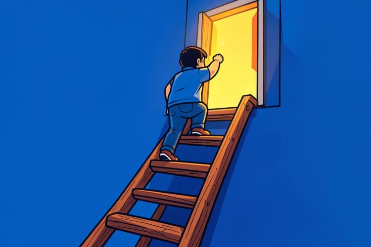 Pessoa subindo uma escada em direção a uma porta aberta no topo.