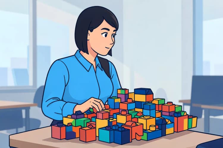 Mulher analisando dados em blocos de construção coloridos.