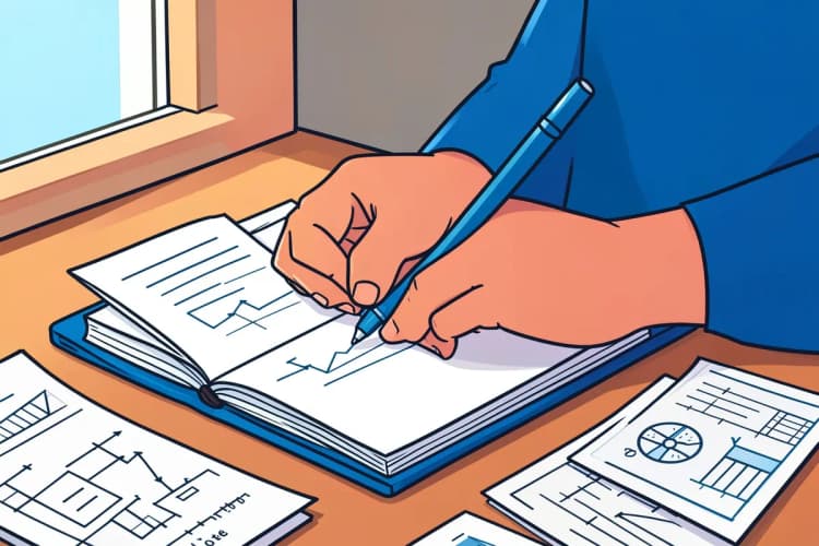 Pessoa escrevendo em um caderno com gráficos ao lado.