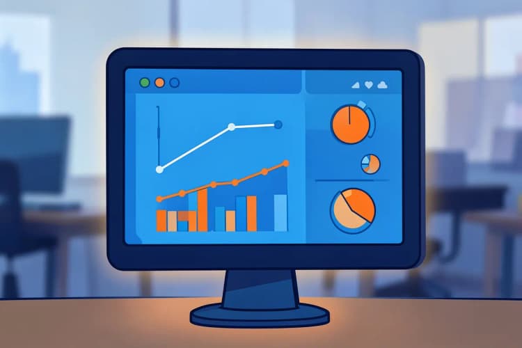 Tela de computador exibindo um painel de controle com gráficos.