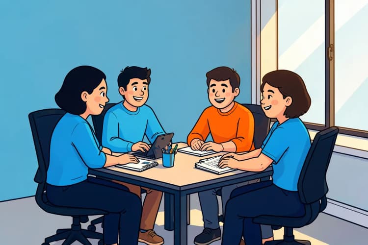Equipe de marketing em reunião analisando gráficos em um escritório moderno.