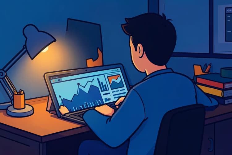 Um homem trabalhando sozinho em um computador com gráficos na tela em um escritório.