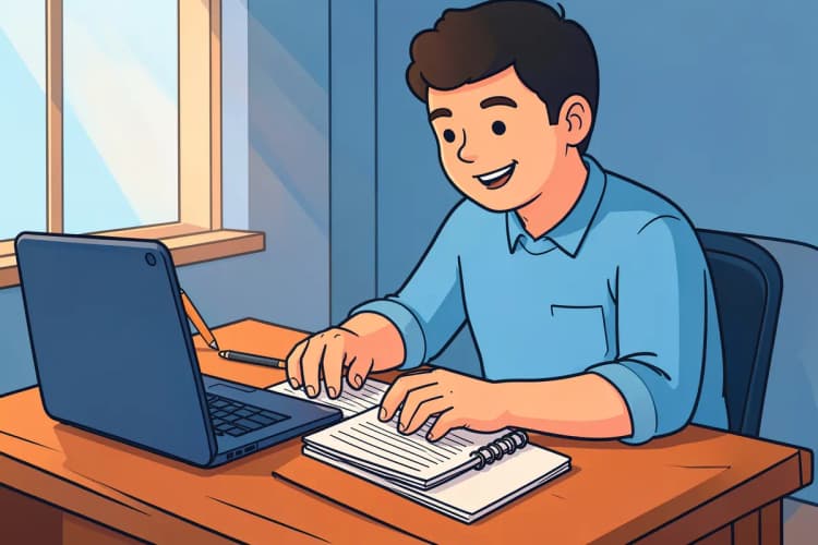 Um gestor interno organizando papéis em uma mesa com um computador.
