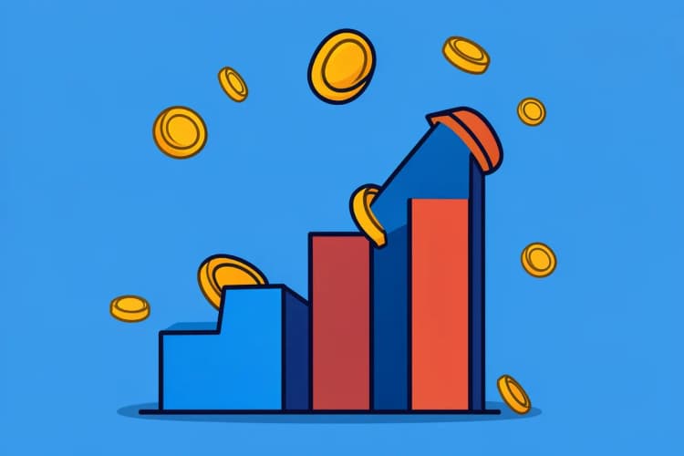 Gráfico de barras ascendente com moedas de ouro caindo ao redor, simbolizando lucro.