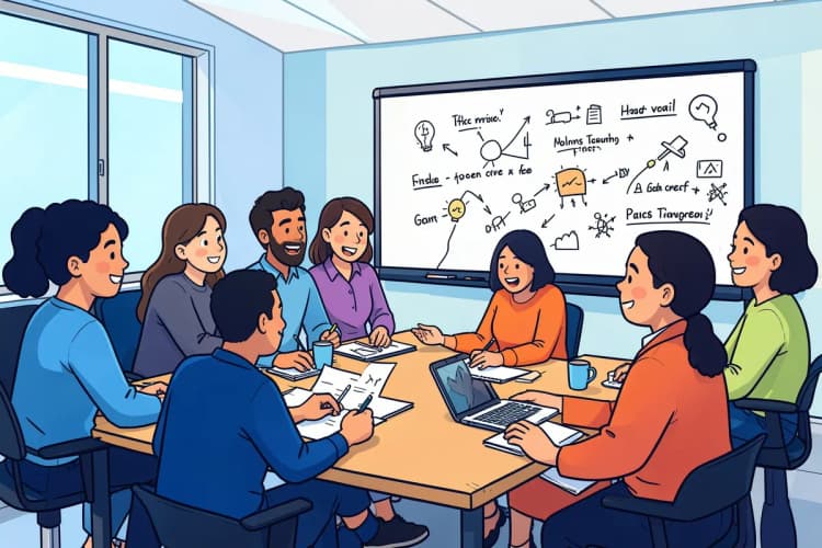 Pessoas diversas em uma reunião de brainstorming, discutindo ideias em frente a um quadro branco com anotações.