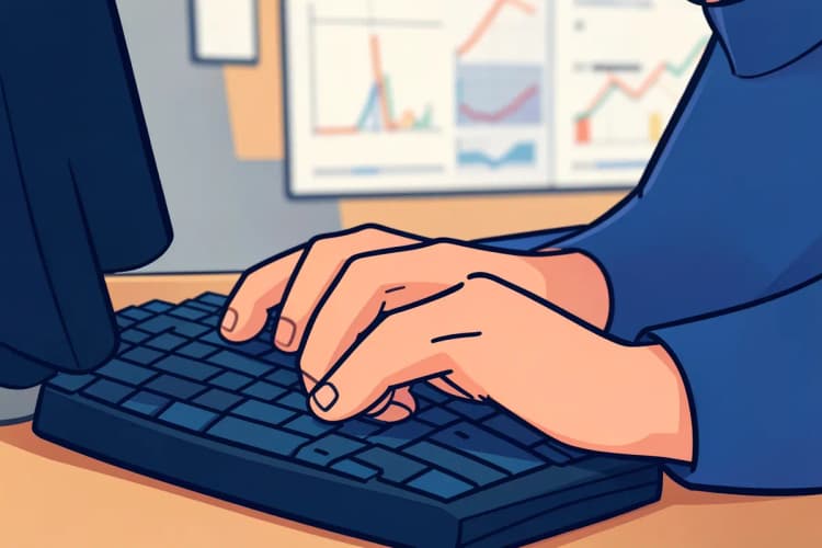 Close-up de um homem digitando rapidamente em um teclado de computador, com gráficos desfocados ao fundo.