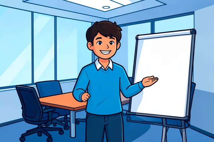 Um jovem profissional sorrindo, apresentando um projeto em uma sala de reuniões moderna com um flip chart ao lado.