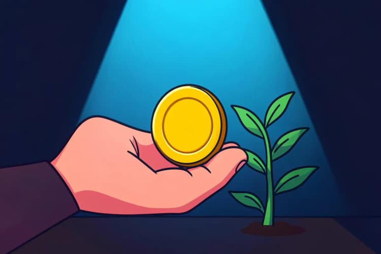 Uma mão segurando uma única moeda de ouro em um fundo escuro e desfocado, com uma pequena planta crescendo ao lado.