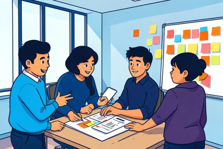 Um grupo de jovens profissionais colaborando em um projeto em um escritório moderno, com post-its em uma parede.