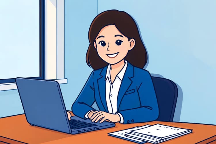 Uma mulher de negócios sorrindo, sentada em uma mesa com um laptop aberto e papéis organizados, em um ambiente de escritório clean.
