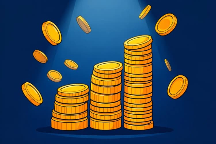 Gráfico de barras ascendente com moedas de ouro caindo ao redor, em um fundo azul escuro.