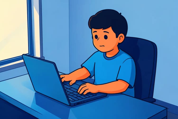 Pessoa sentada em uma mesa de escritório com um laptop aberto, com as mãos sobre o teclado e olhando para a tela.