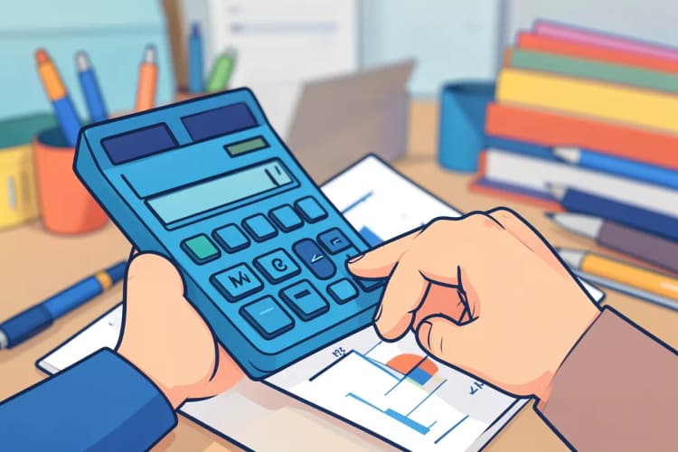 Mão segurando uma calculadora e apontando para um gráfico em um papel.