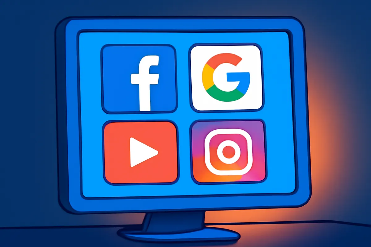 Tela de computador exibindo ícones de diferentes plataformas de mídia social e publicidade digital.