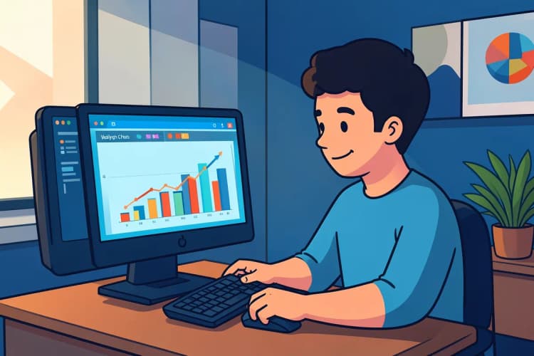Profissional de marketing analisando dados em um computador.