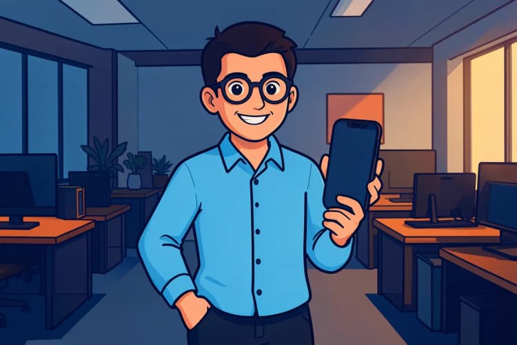 Um homem de óculos e camisa social azul-claro, em plano médio, sorri para a câmera com uma mão no bolso e a outra segurando um celular com tela apagada, sob luz de escritório vinda de cima e da direita, em um momento casual.