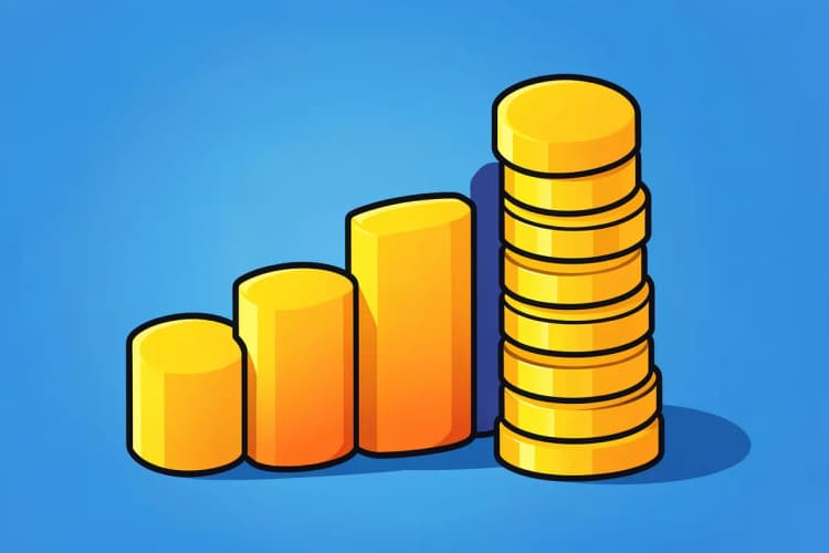 Um gráfico de barras ascendente com moedas de ouro empilhadas ao lado, em close-up, sob luz suave vinda da esquerda, representando crescimento financeiro.
