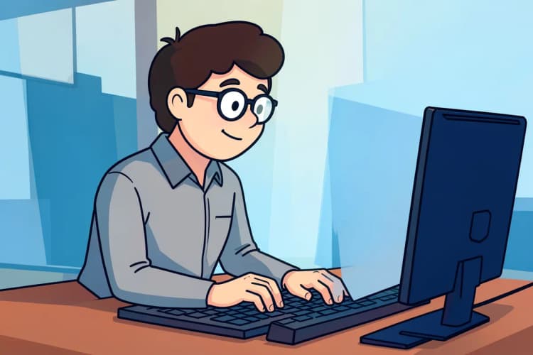 Uma pessoa em plano médio, usando óculos e camisa social cinza, digita em um teclado de computador com as duas mãos, com a tela do monitor apagada à frente, sob luz de escritório vinda de cima, em um momento de trabalho concentrado.