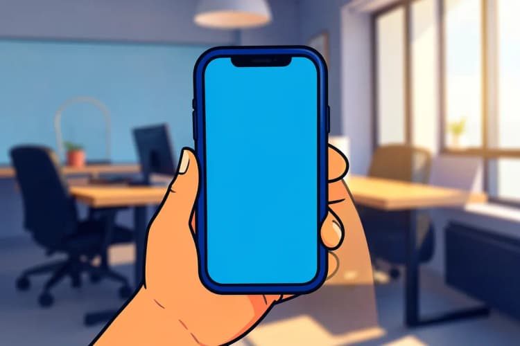Uma mão segurando um celular com tela apagada, em close-up, com um fundo desfocado de um escritório moderno, sob luz natural vinda da janela à direita, em um momento de uso.
