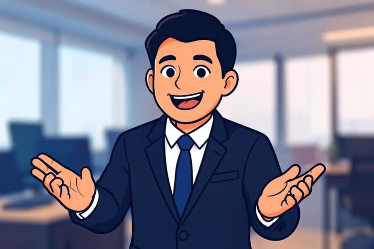 Um homem de terno escuro, em plano médio, gesticula com as duas mãos enquanto fala, com um fundo desfocado de um escritório, sob luz de escritório vinda de cima e da esquerda, em um momento de apresentação.
