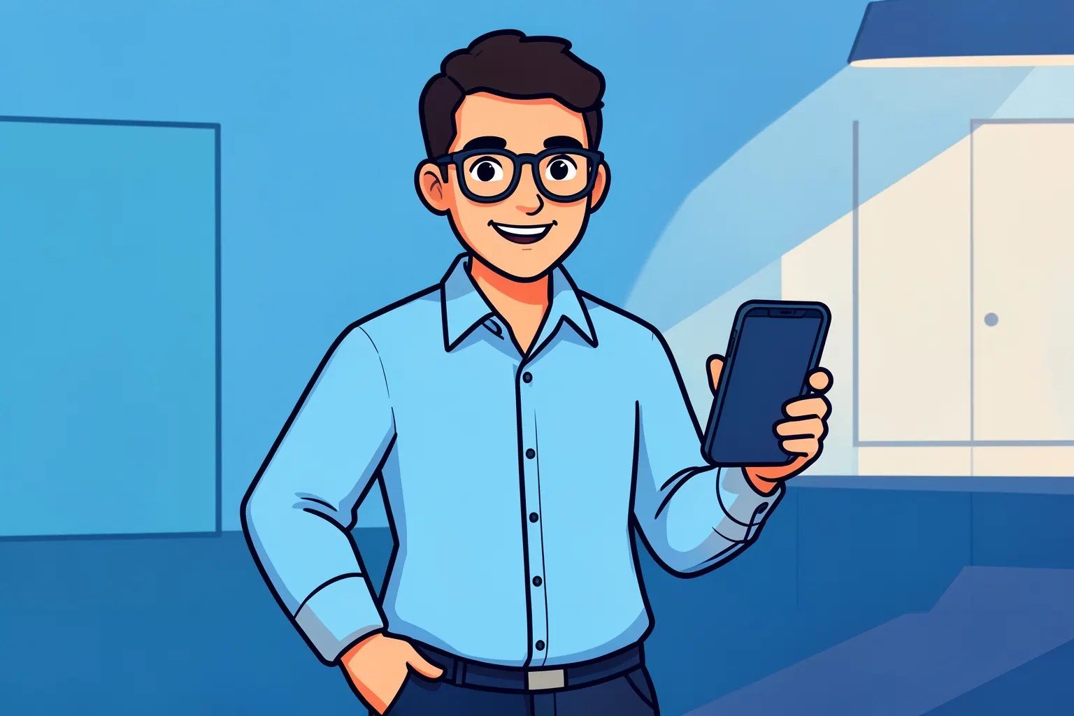 Um homem de óculos e camisa social azul-claro, em plano médio, sorri para a câmera com uma mão no bolso e a outra segurando um celular com tela apagada, sob luz de escritório vinda de cima e da direita, em um momento casual.