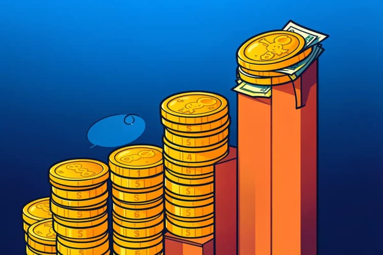 Um gráfico de barras ascendente feito de moedas de ouro e notas de dinheiro empilhadas, em close-up, com luz suave vindo de cima, representando crescimento financeiro.