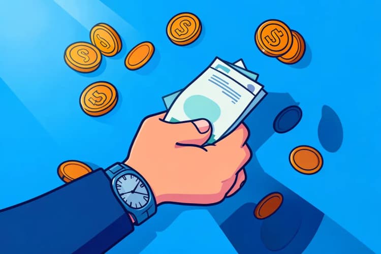 Uma mão com relógio segura uma nota de dinheiro dobrada, com moedas caindo ao redor, em plano detalhe, sob luz de escritório vinda da esquerda, simulando a gestão de dinheiro.