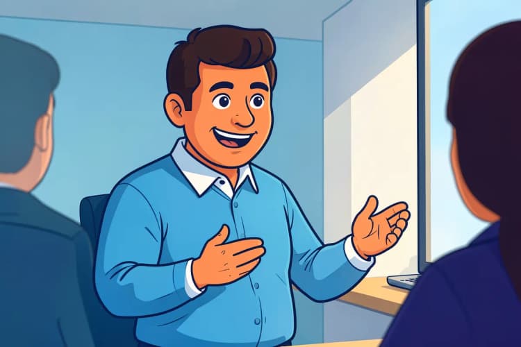 Um consultor de tráfego pago, em plano médio, gesticula com as mãos enquanto explica algo para um cliente (fora de quadro), em um escritório moderno com luz natural entrando pela janela à direita. A ação é uma explicação.