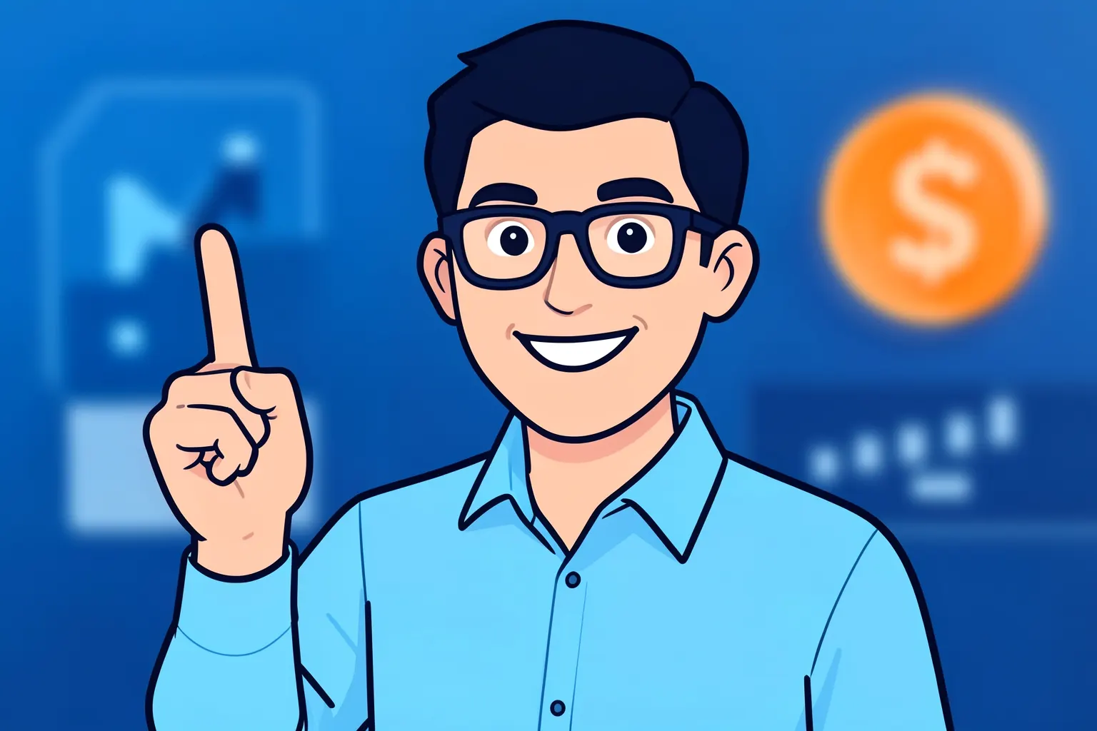 Um homem de óculos e camisa social azul-claro, em plano médio, sorri e aponta para cima com o dedo indicador direito, em frente a um fundo desfocado de ícones de gráficos e moedas. A luz vem da frente, iluminando seu rosto. A ação é um gesto de indicação ou destaque.
