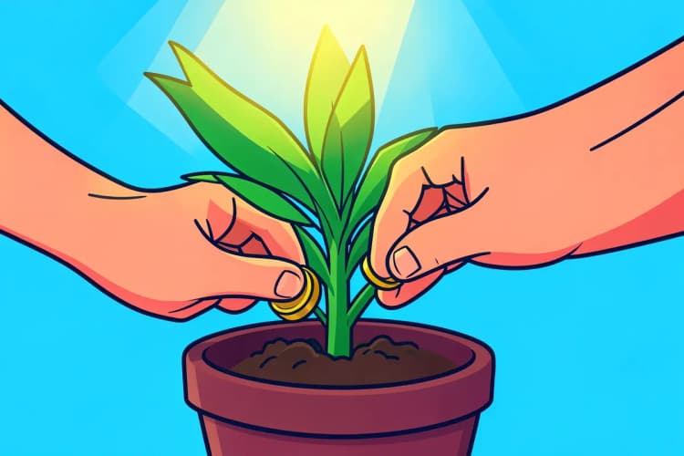 Mãos colocando moedas em uma planta que cresce em um vaso, em close-up, com luz de sol vindo de cima durante o dia.
