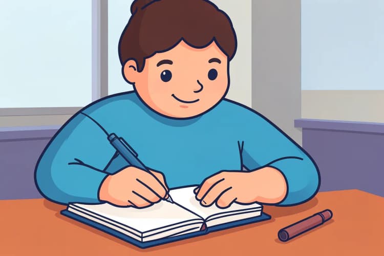 Pessoa escrevendo em um caderno fechado com uma caneta ao lado, em plano médio, com luz de escritório vindo da frente durante o dia.