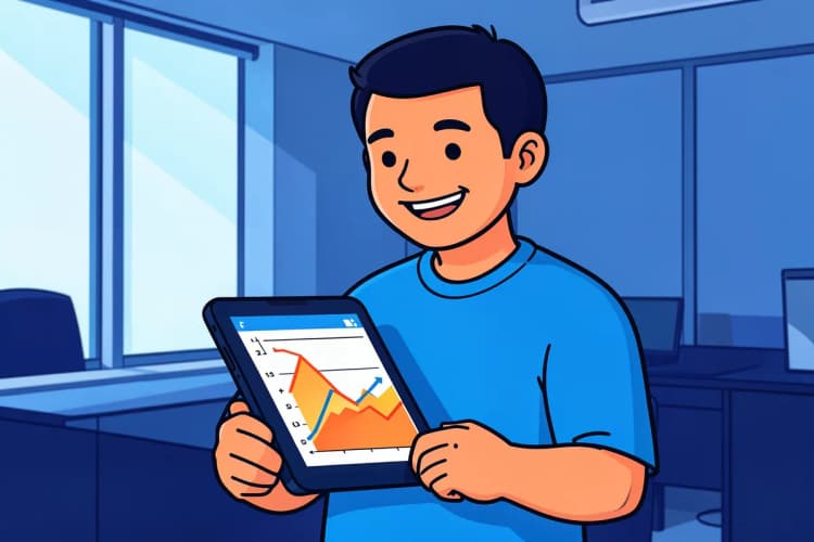Homem sorrindo e olhando para um gráfico de crescimento em um tablet, em plano médio, com luz de escritório vindo da esquerda durante o dia.