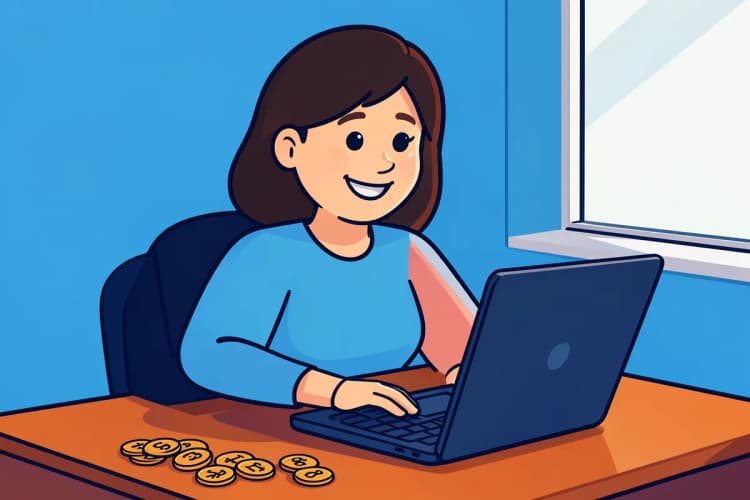 Mulher sentada em uma mesa com um laptop aberto e moedas espalhadas, em plano médio, com luz de janela vindo da direita durante o dia.