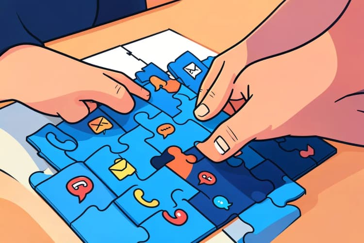 Uma pessoa montando um quebra-cabeça complexo com peças representando diferentes canais de comunicação.