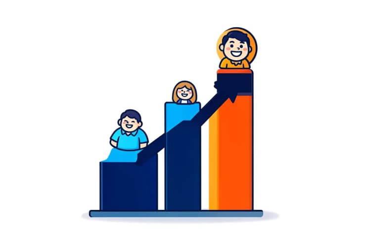 Um gráfico de barras ascendente com ícones de clientes satisfeitos no topo.