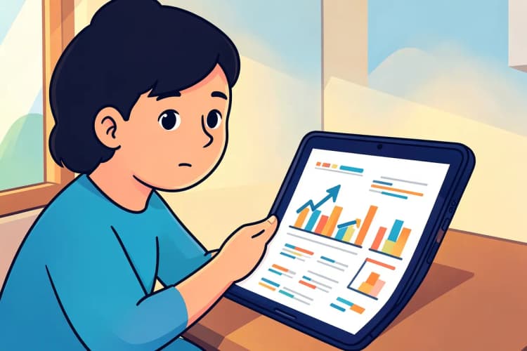 Uma pessoa analisando um relatório com gráficos claros e métricas de sucesso.