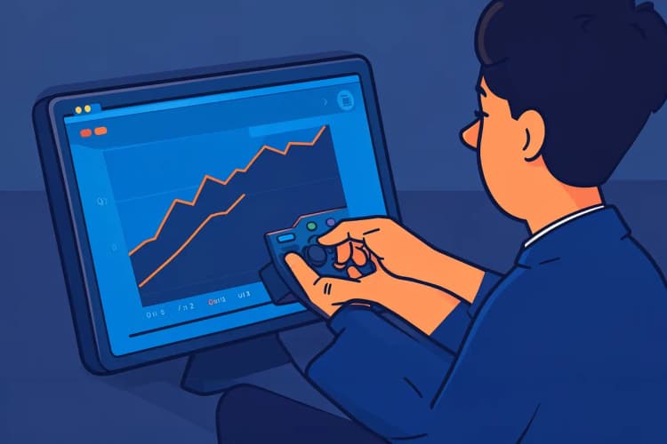 Um profissional de marketing ajustando botões em um painel de controle digital com gráficos de desempenho.