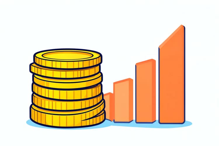 Gráfico de barras ascendente com moedas de ouro empilhadas ao lado, simbolizando crescimento financeiro.