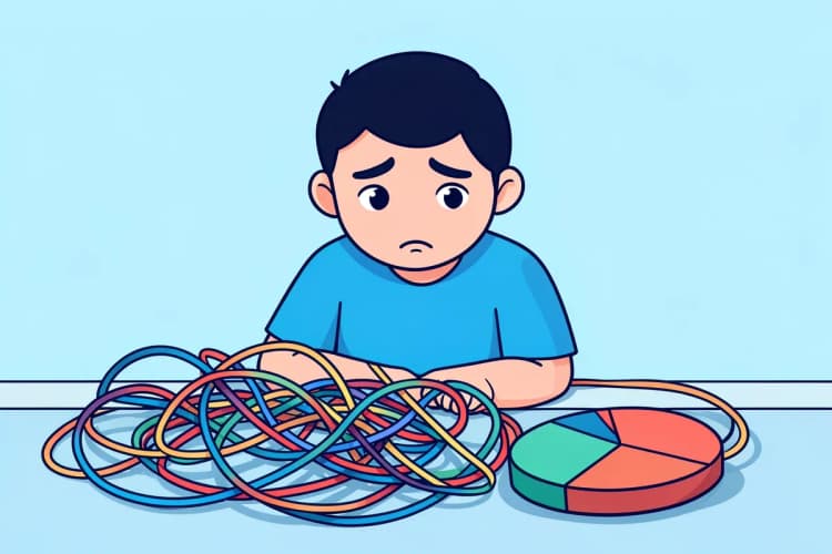 Pessoa com expressão confusa olhando para um emaranhado de fios coloridos e um gráfico de pizza incompleto.