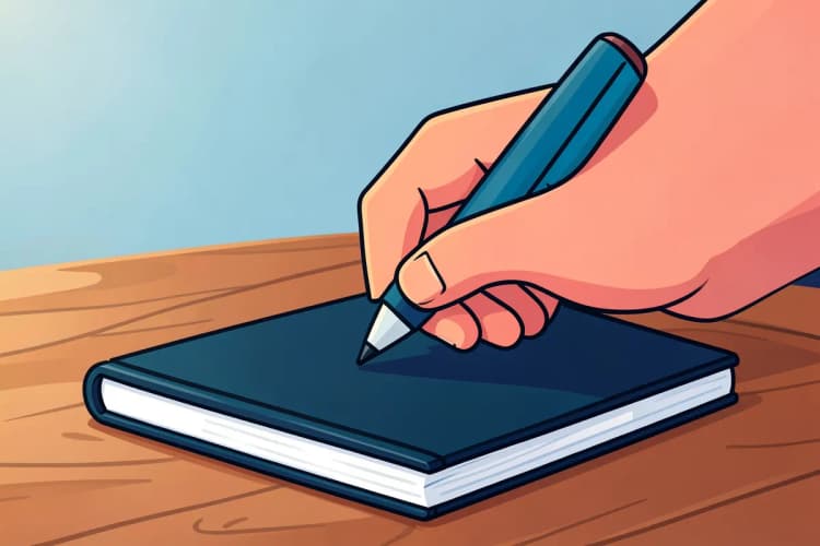 Mão escrevendo em um caderno fechado com uma caneta ao lado, sobre uma mesa de madeira.