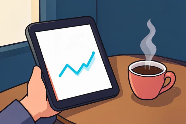 Pessoa analisando um gráfico de linha em um tablet, com uma xícara de café ao lado.