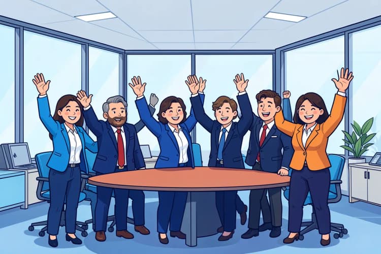 Equipe celebrando em uma sala de reuniões com gráficos de crescimento ao fundo.