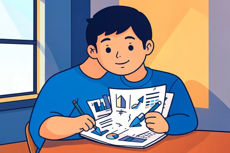 Uma pessoa analisando um relatório em papel com gráficos e números, em um escritório.
