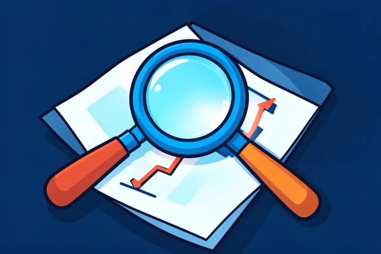 Uma lupa examinando um gráfico de linhas em um relatório, simbolizando a interpretação de dados.