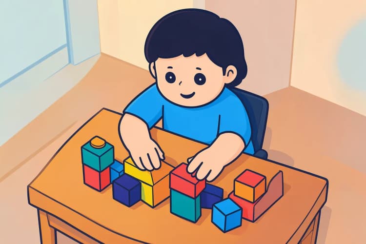Uma pessoa organizando blocos de construção coloridos em uma mesa, representando a organização de dados para relatórios.