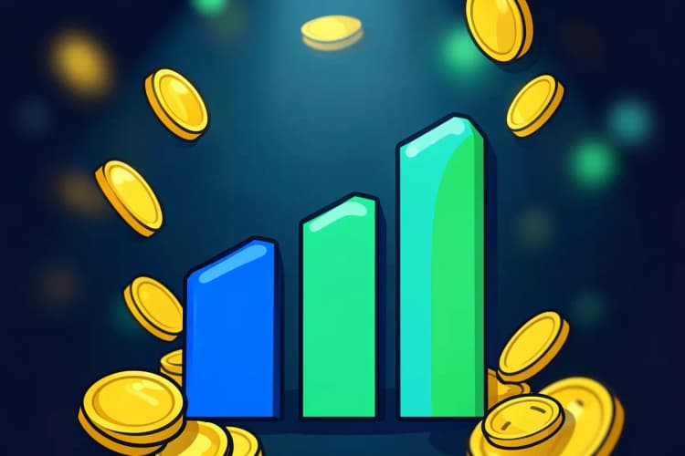 Um gráfico de barras ascendente em tons de azul e verde, com moedas de ouro caindo ao redor, em um fundo escuro com luzes desfocadas. A imagem é um close-up, com a luz vindo de cima, destacando o crescimento financeiro.