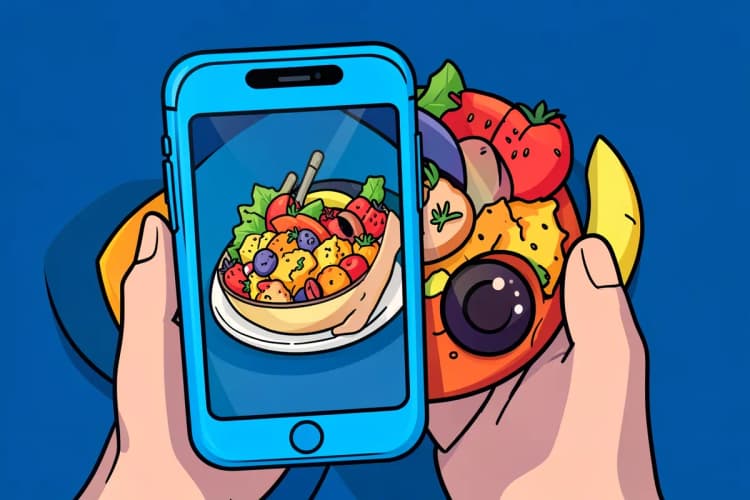 Uma pessoa usando um smartphone para tirar uma foto de um prato de comida colorido, representando o tráfego pago no Instagram. A cena é um close-up, com luz natural vinda de cima, focando no celular e na comida.