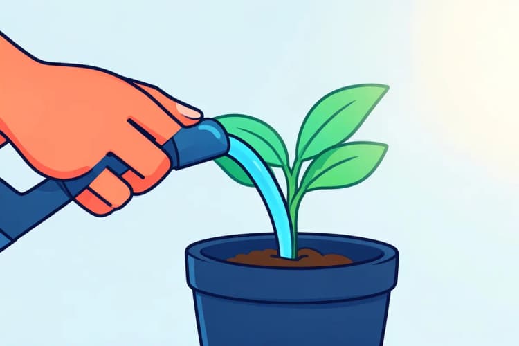 Uma mão regando uma pequena planta que cresce em um vaso, simbolizando o tráfego pago gratuito. A imagem é um close-up, com luz suave vinda da direita, destacando o crescimento e o cuidado.
